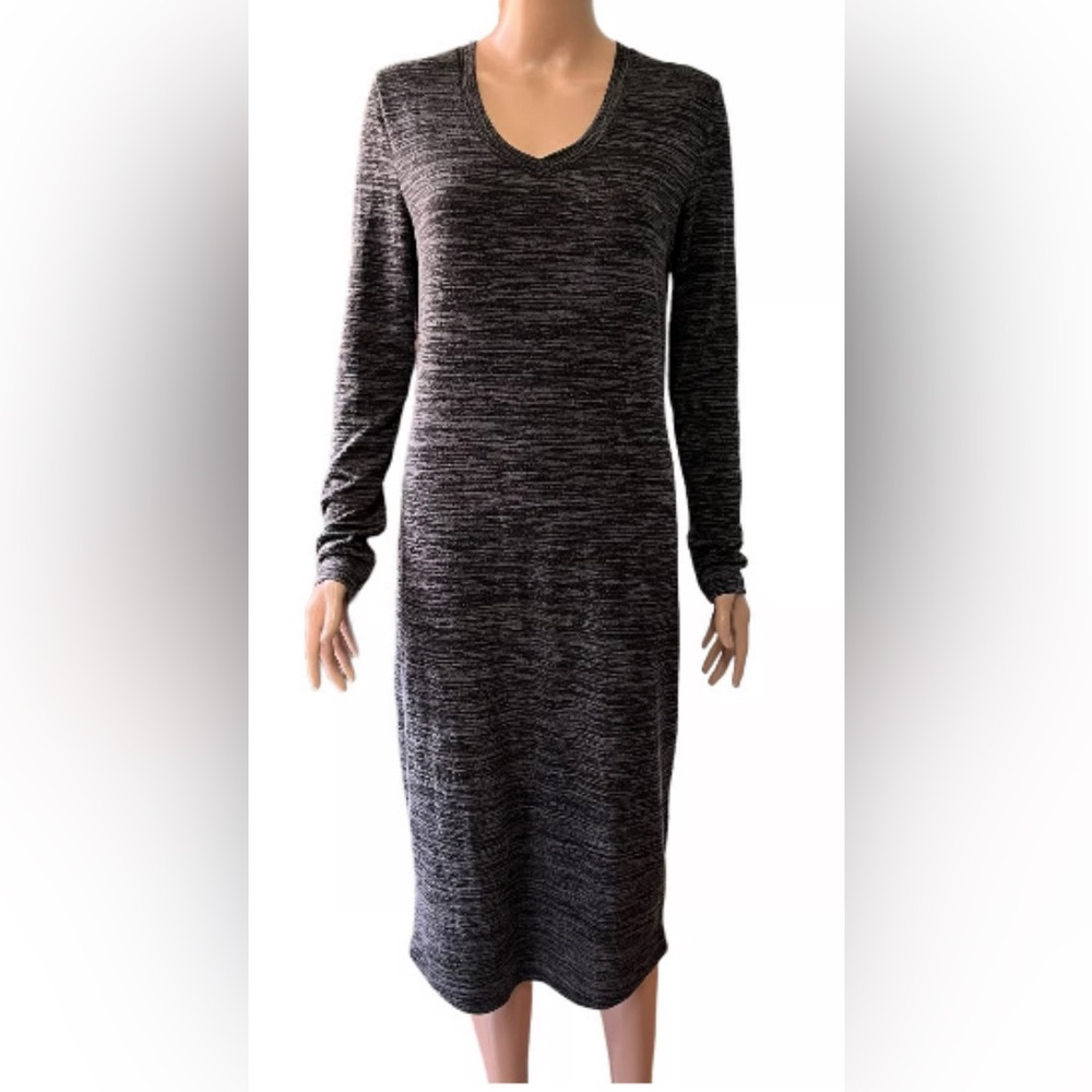 PHILOSOPHY GRAY SPACE DYE LONG SLEEVE CURVED HEM V NECK KNIT MIDI DRESS SIZE XS